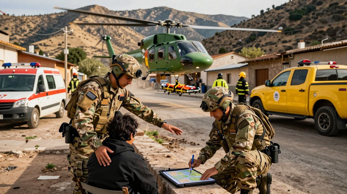 Soldados em operações de emergência ajudam civil com helicóptero e veículos de socorro em zona rural montanhosa.