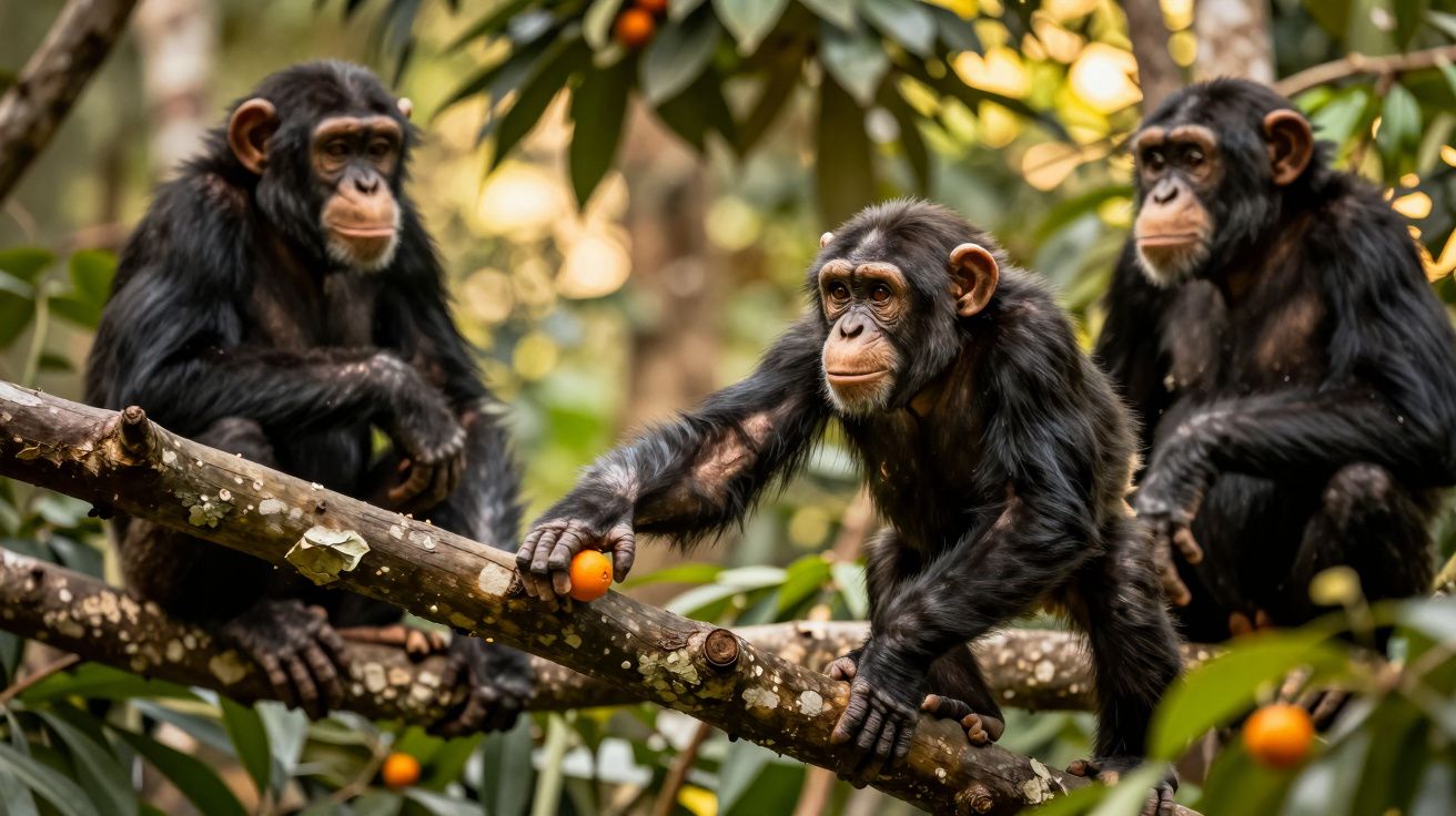 Três chimpanzés sentados em galho de árvore, um deles segura pequeno fruto laranja na mão.