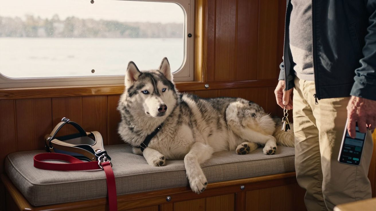 Cão husky cinza e branco de olhos azuis deitado num banco dentro de um barco ao lado de um homem.
