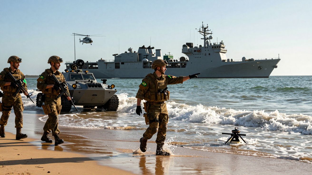 Soldados brasileiros em operação militar na praia com veículo blindado, navio e helicóptero no mar.