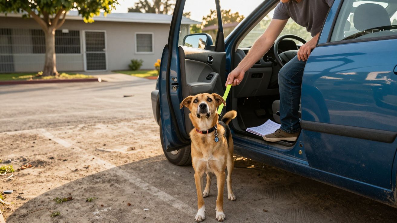 Cão castanho a sair de automóvel azul com dono a segurá-lo pela trela num parque de estacionamento ao entardecer.