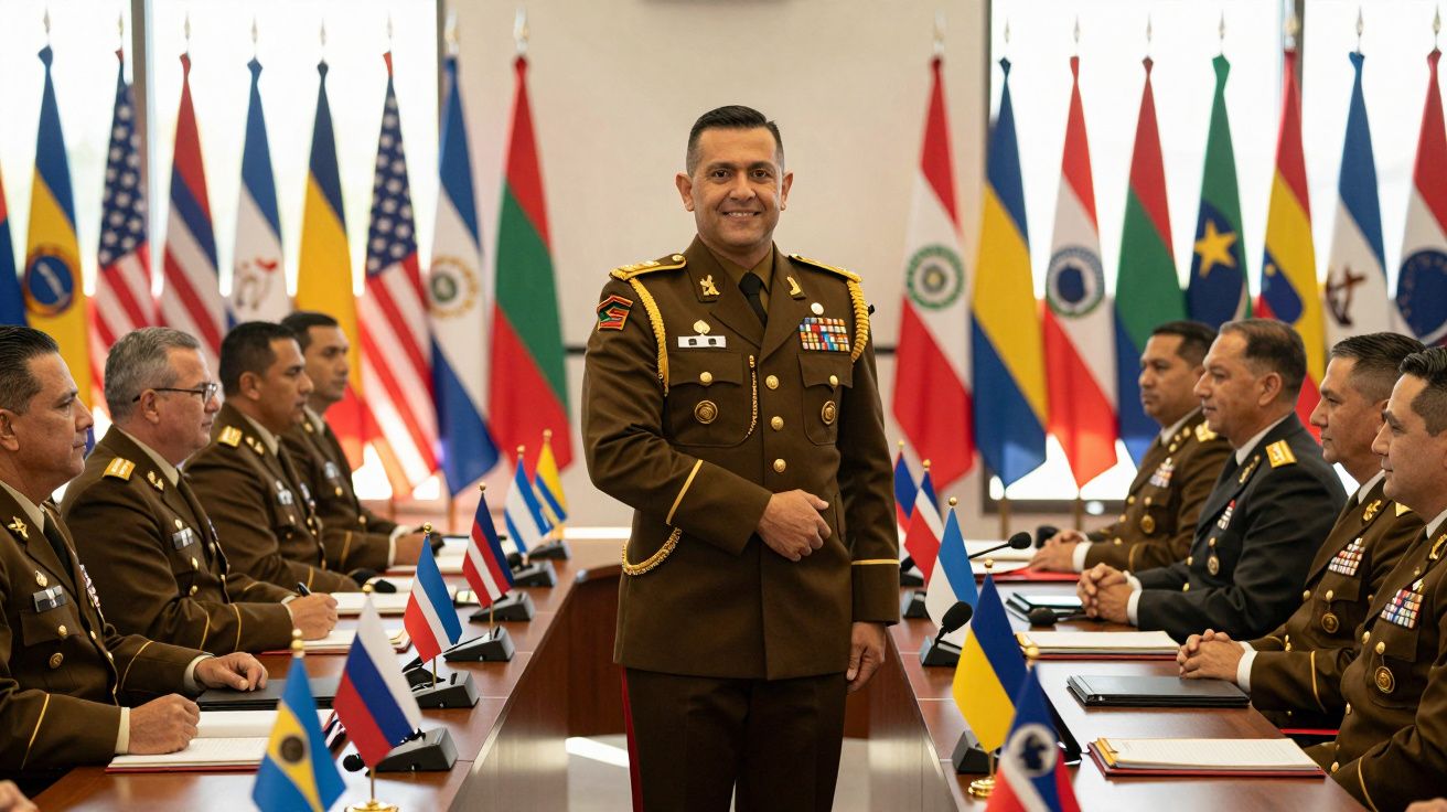 Militares em uniformes formais sentados em mesa com bandeiras de vários países e um homem em pé sorridente ao centro.