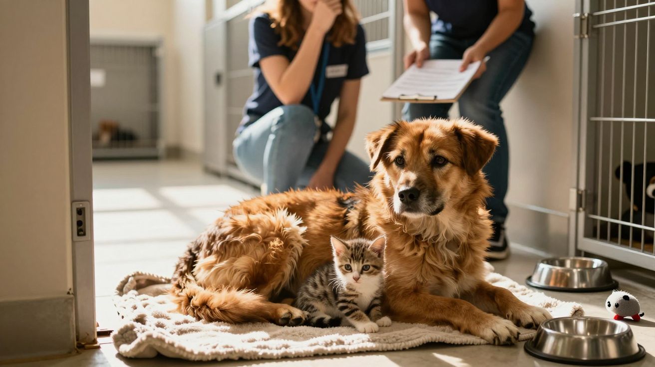 Cão e gato juntos deitados numa manta numa clínica veterinária com duas pessoas ao fundo.