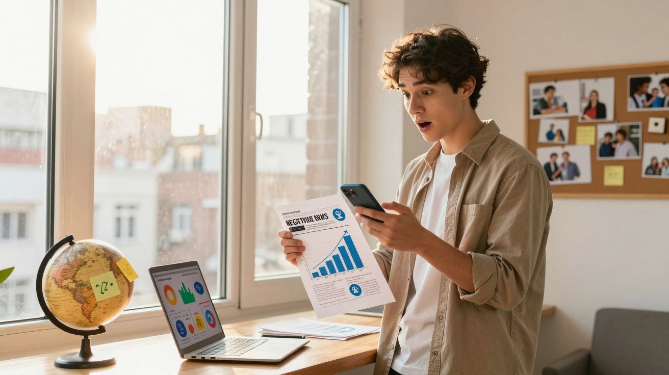 Jovem surpreendido a olhar para gráfico de vendas positivas num documento no escritório em casa.