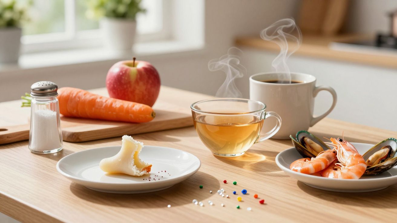 Mesa com vários alimentos: maçã, cenoura, camarão, mexilhão, chá, café, sal e uma dentadura parcial.