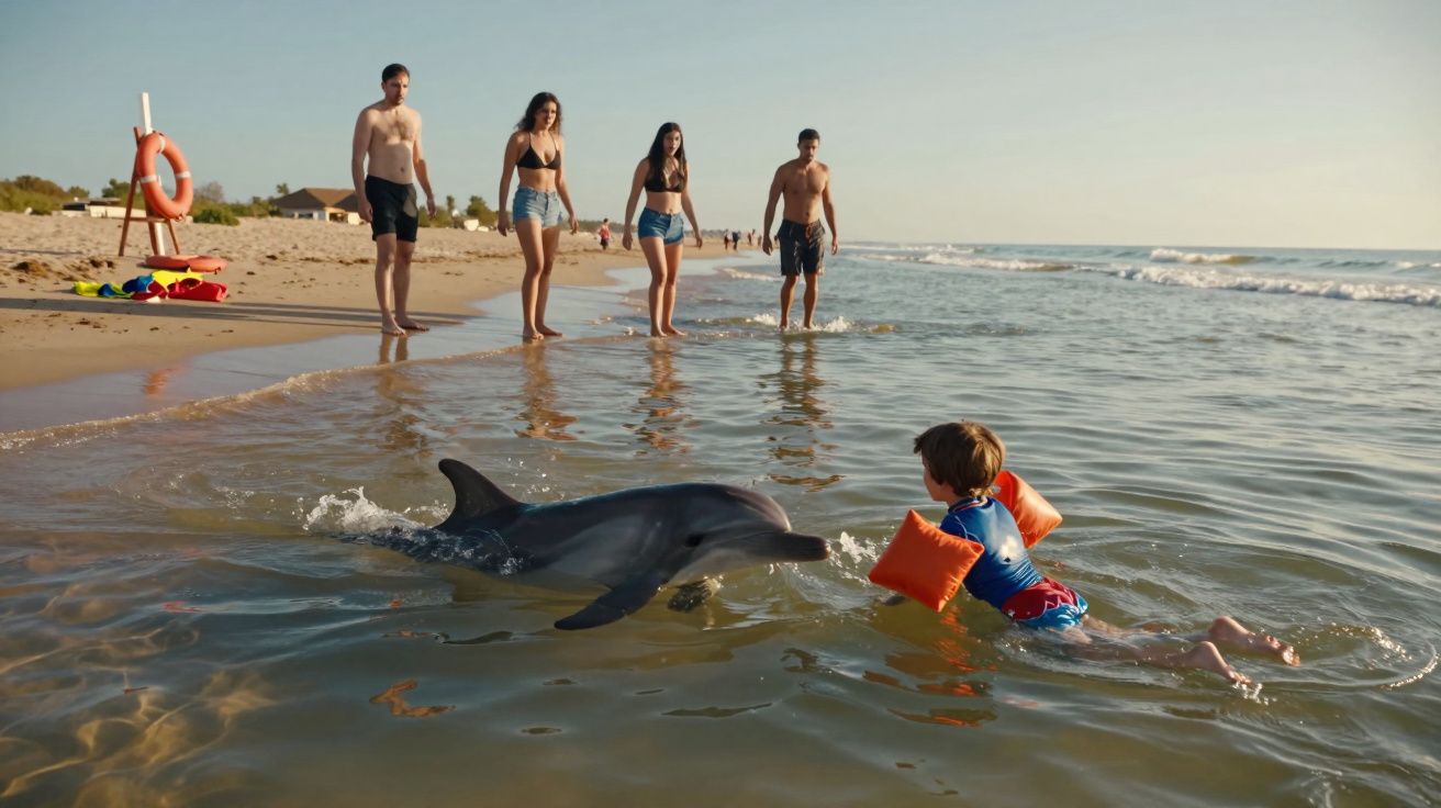 Criança a nadar com um golfinho perto da praia enquanto quatro pessoas observam na areia ao pôr do sol.