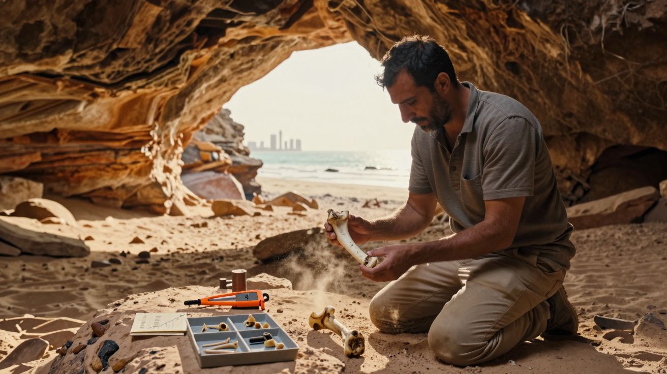 Homem arqueólogo examina ossos antigos numa gruta na praia, com cidade ao fundo.