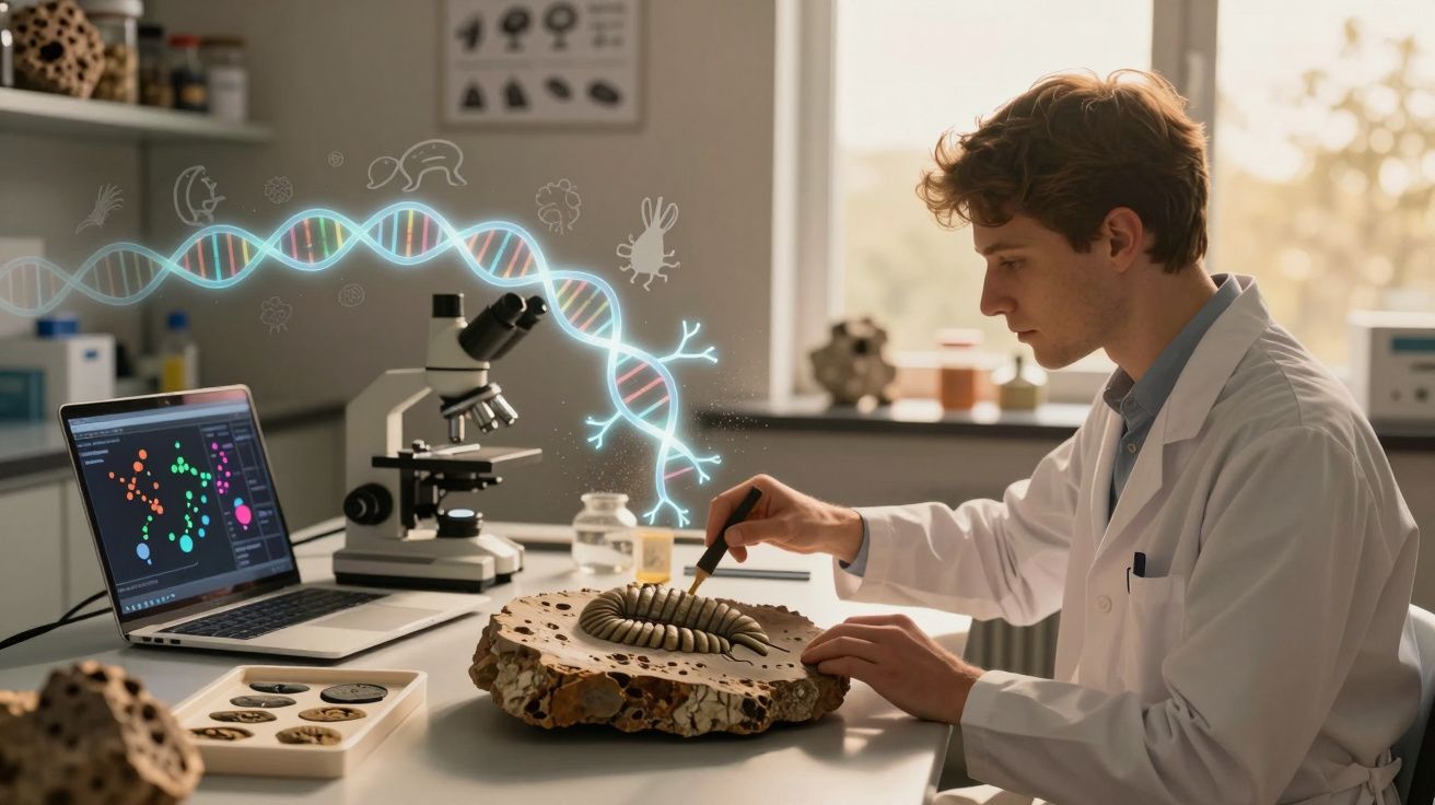 Cientista em laboratório analisa fóssil com modelo em computador e cadeia de ADN suspensa no ar.