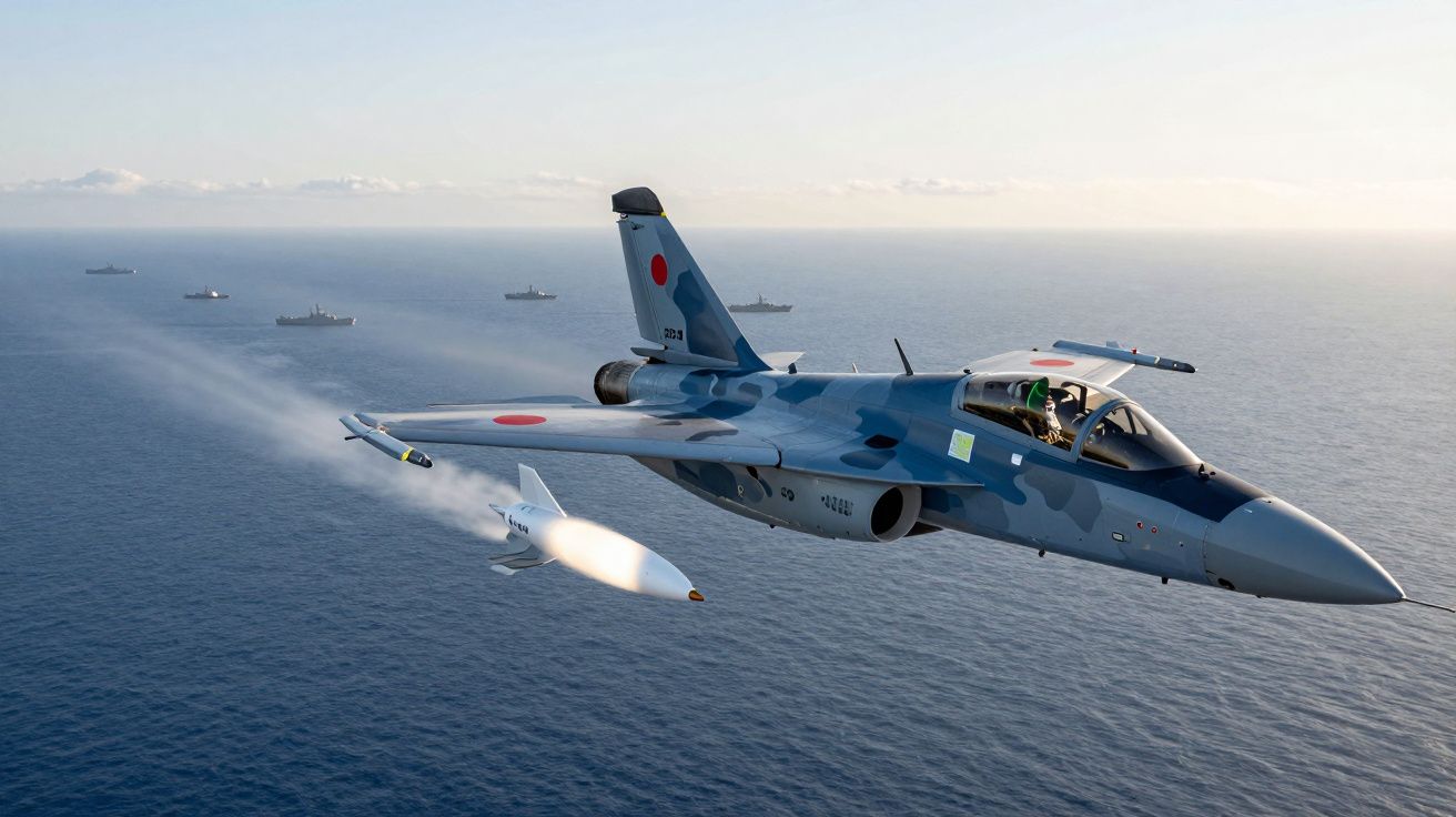 Avião militar japonês em voo sobre o mar com vários navios de guerra ao fundo.