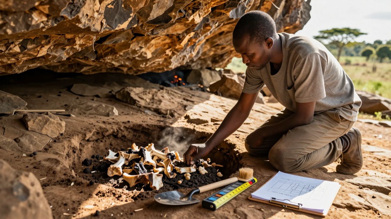 Homem a escavar ossos fósseis num sítio arqueológico sob uma rocha grande.
