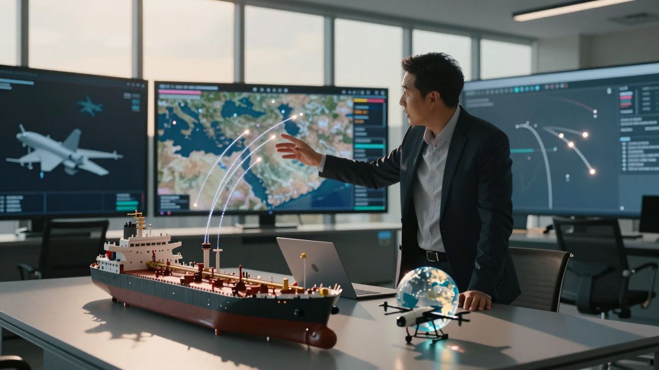 Homem indica rotas de navegação em ecrãs digitais com modelo de navio e drone numa sala de controlo.