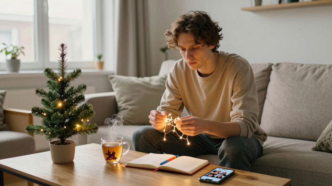 Homem sentado no sofá a montar luzes de Natal com árvore pequena, chá quente e caderno na mesa.