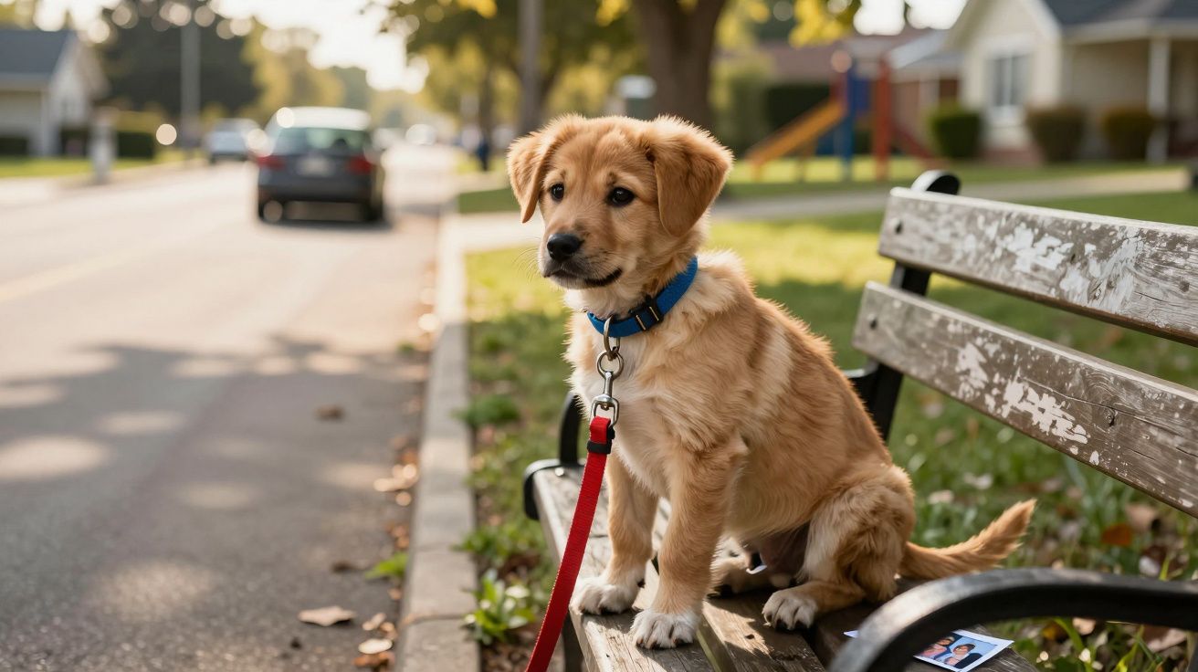 Cão jovem com coleira azul sentado numa cadeira de madeira numa calçada de bairro residencial.