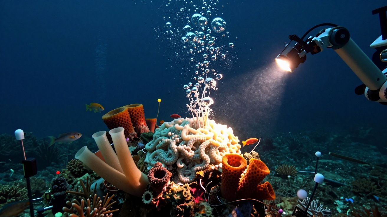 Iluminação subaquática sobre recife de coral com peixes e equipamentos de pesquisa marinha.