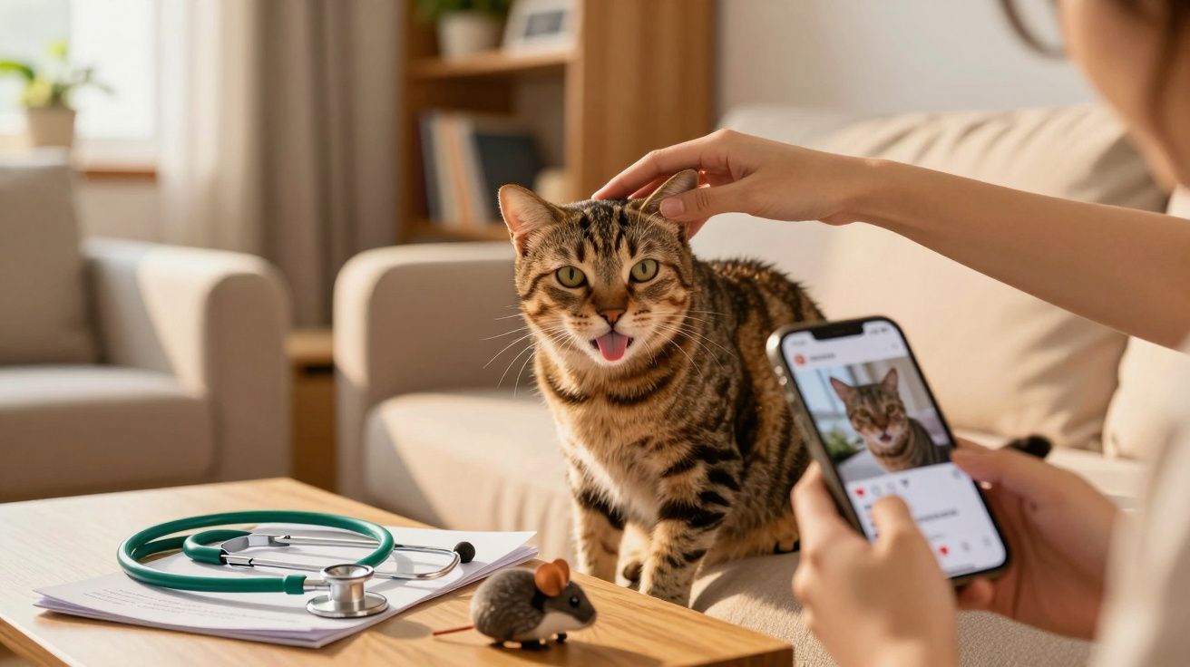 Gato tigrado sentado no sofá enquanto é fotografado com telemóvel e acariciado numa sala iluminada.