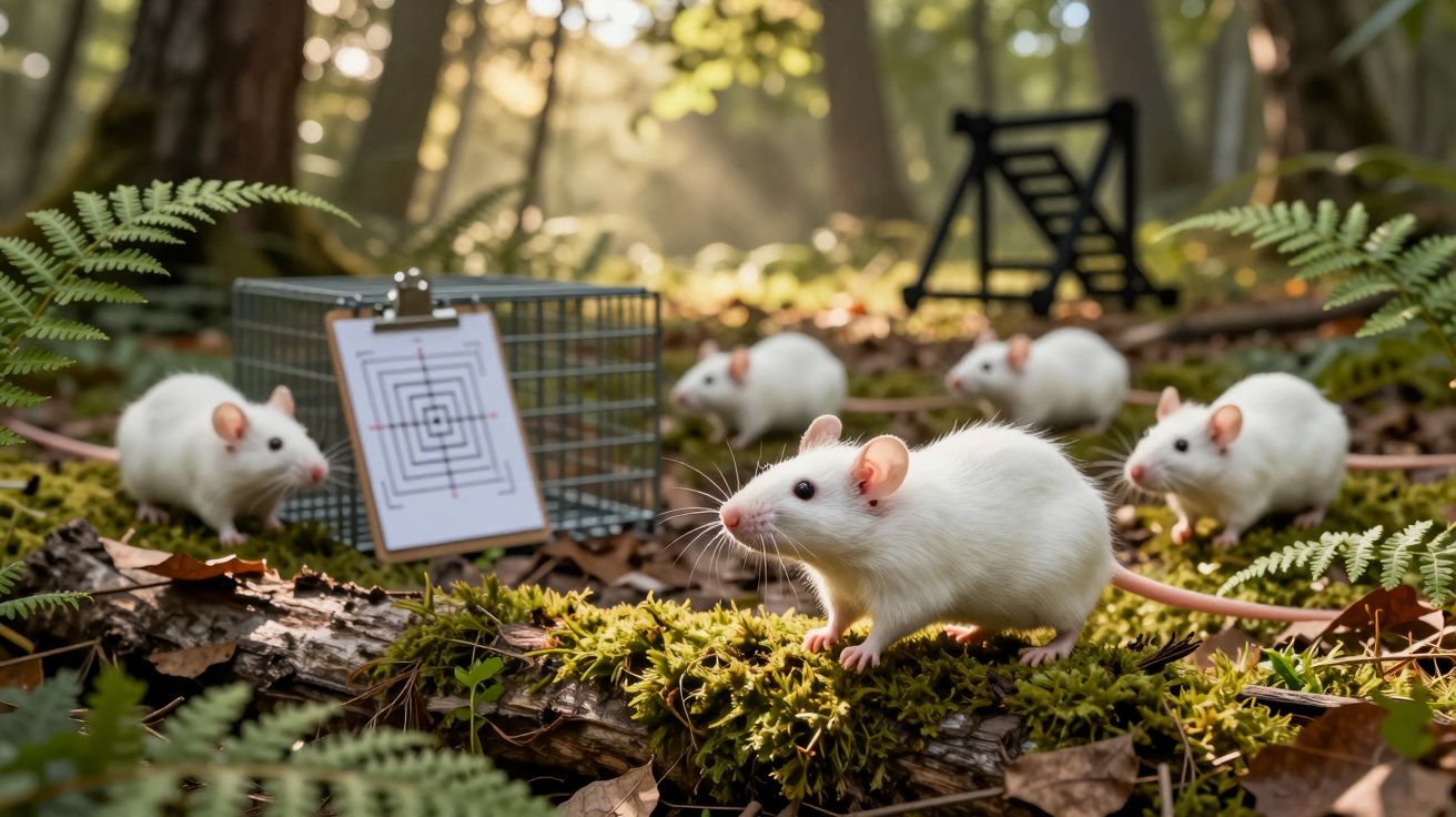 Cinco ratos brancos exploram a floresta perto de uma armadilha e um labirinto desenhado num papel.