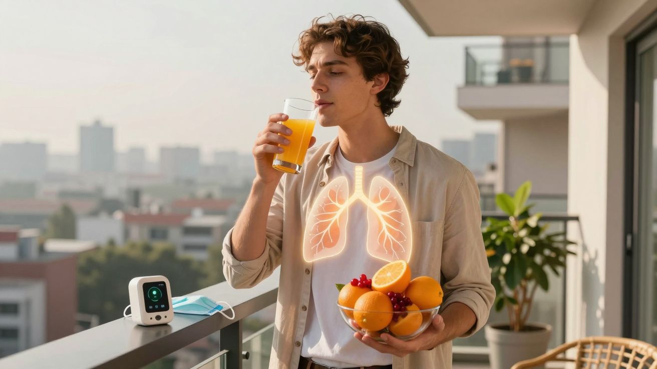 Homem jovem numa varanda a beber sumo de laranja, com ilustração de pulmões visível no peito.