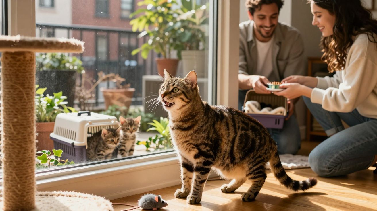 Gato dentro de casa com brinquedo no chão, enquanto dois gatinhos ficam do lado de fora numa varanda solarenga.