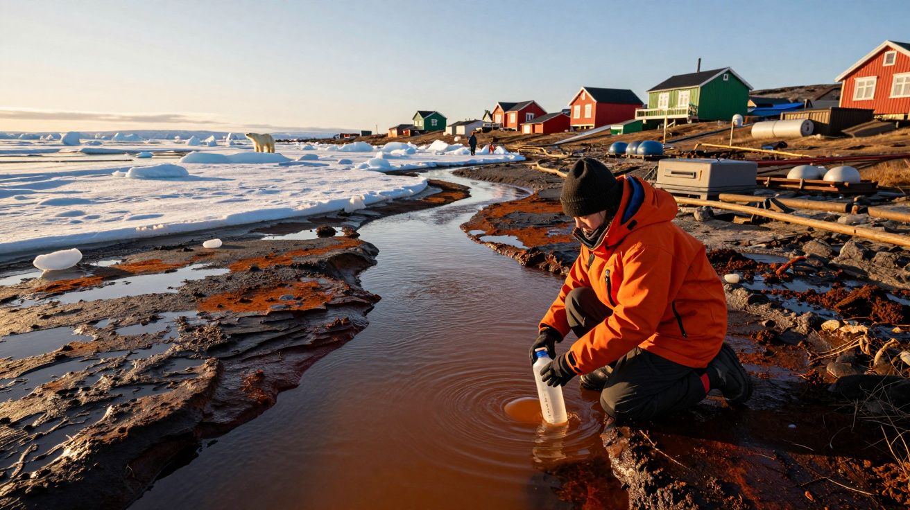 Pessoa com casaco laranja recolhe amostra de água em riacho junto a casas coloridas com gelo à vista.