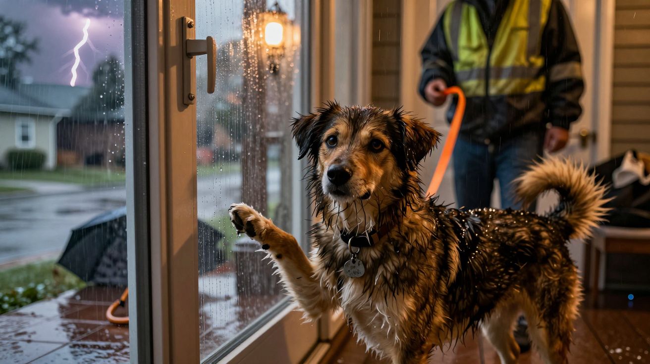 Cão molhado numa varanda a olhar para o exterior durante trovoada, com pessoa ao fundo a segurar trela.