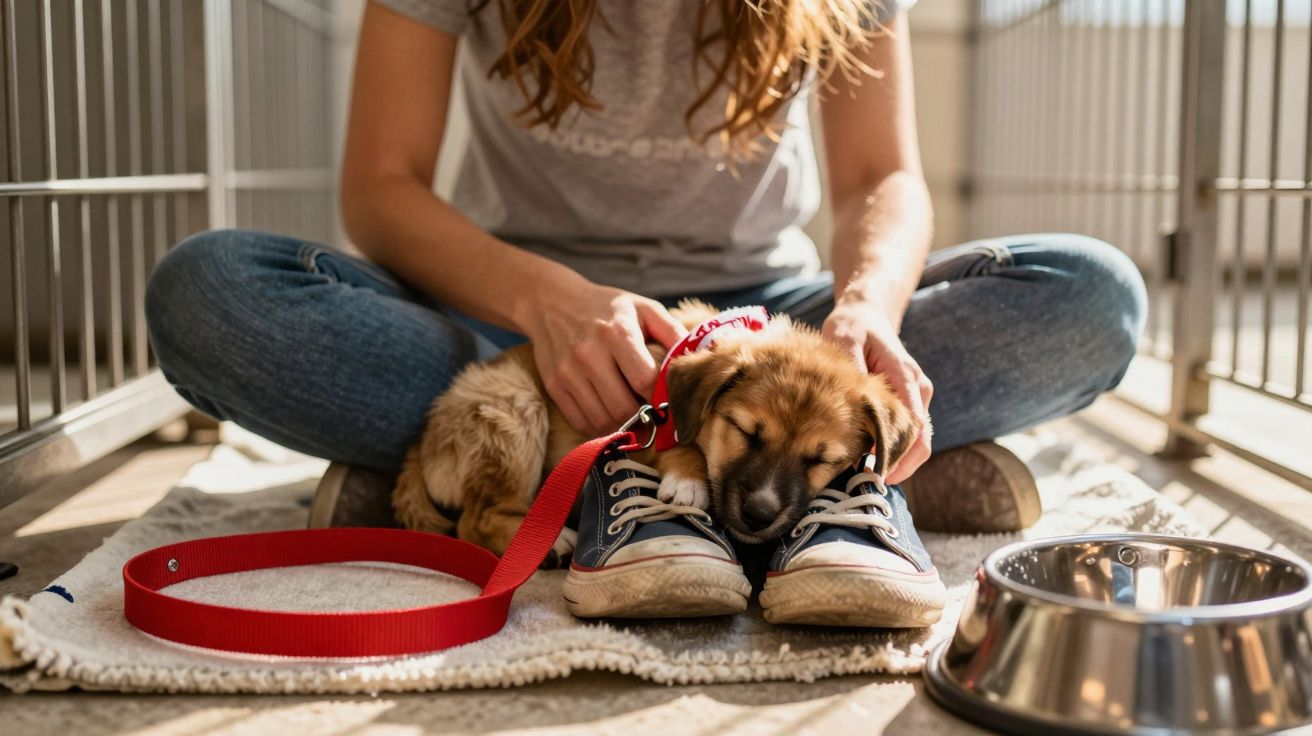 Pessoa sentada no chão a aconchegar um cachorrinho adormecido ao colo com trela vermelha.