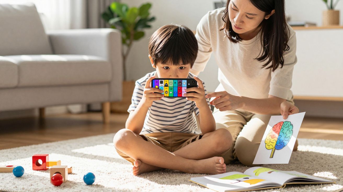Criança sentada no chão a jogar num smartphone, com mulher a mostrar um desenho colorido de cérebro.