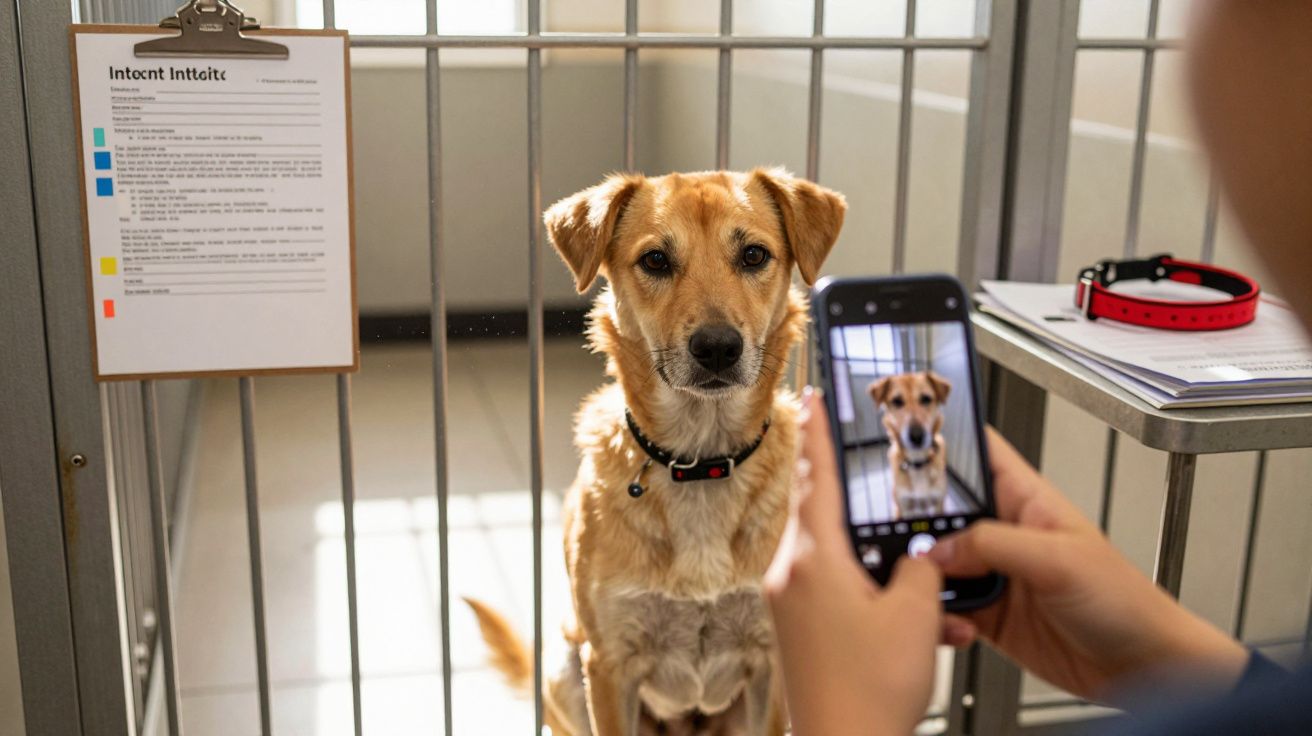 Cão castanho dentro de canil, com coleira, enquanto alguém tira foto com um smartphone.