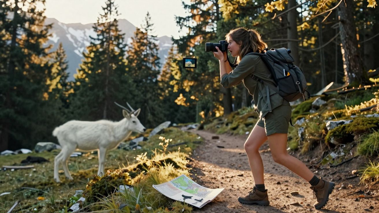 Mulher com mochila tira fotografia a cabra selvagem em trilho florestal com montanhas ao fundo.