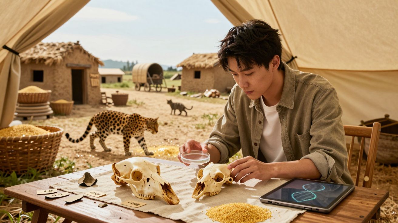 Homem estuda crânios animais numa tenda, com animal selvagem e casas rurais ao fundo.