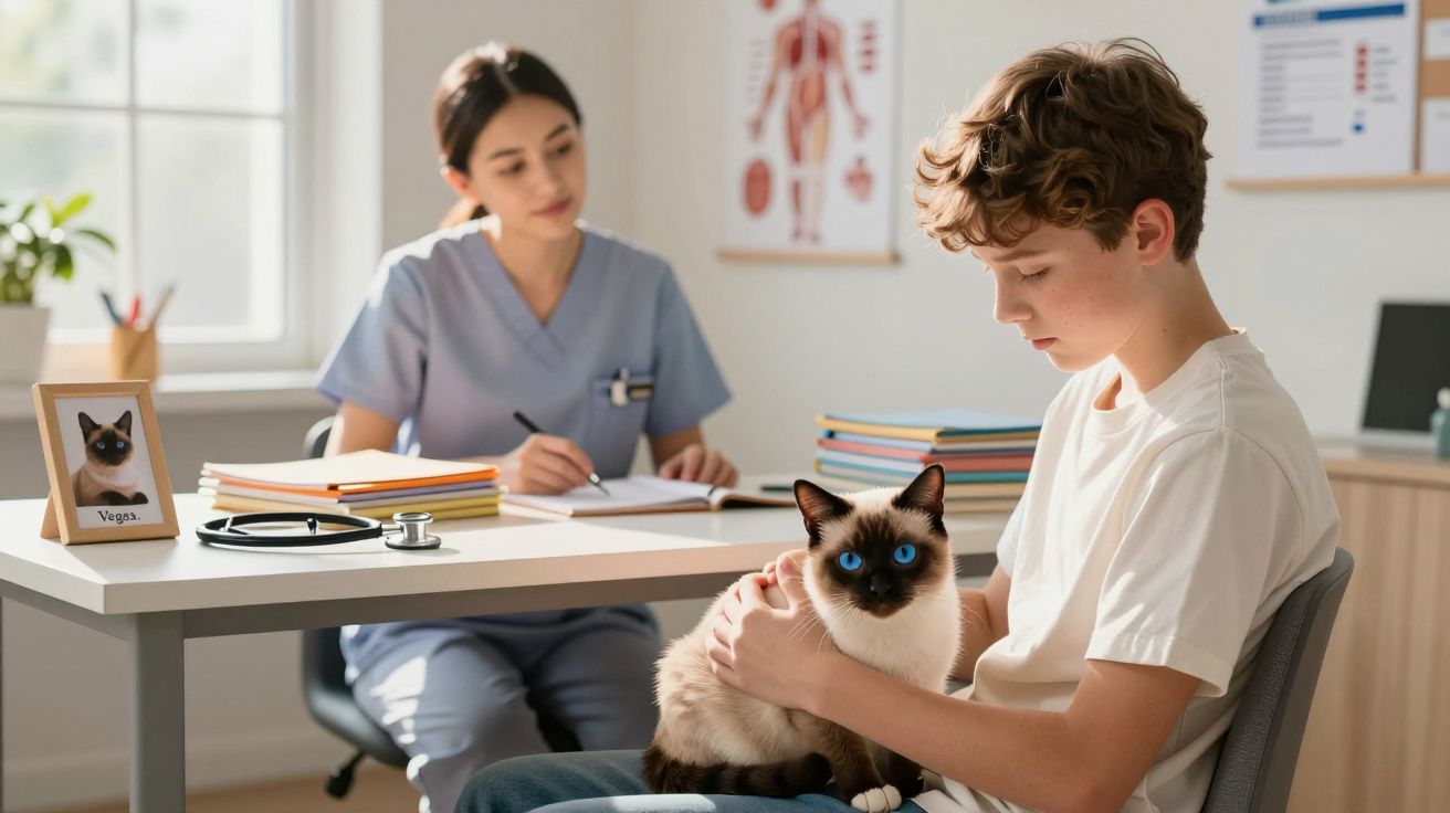 Jovem sentado a segurar um gato Siamês durante consulta veterinária com profissional de saúde ao fundo.