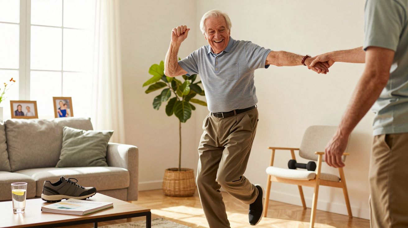 Homem idoso a dançar e sorrir, segurando a mão de outra pessoa numa sala iluminada.