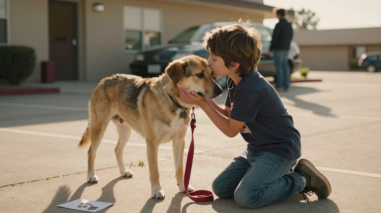 Menino ajoelhado abraça e beija um cão com coleira e trela num parque de estacionamento.