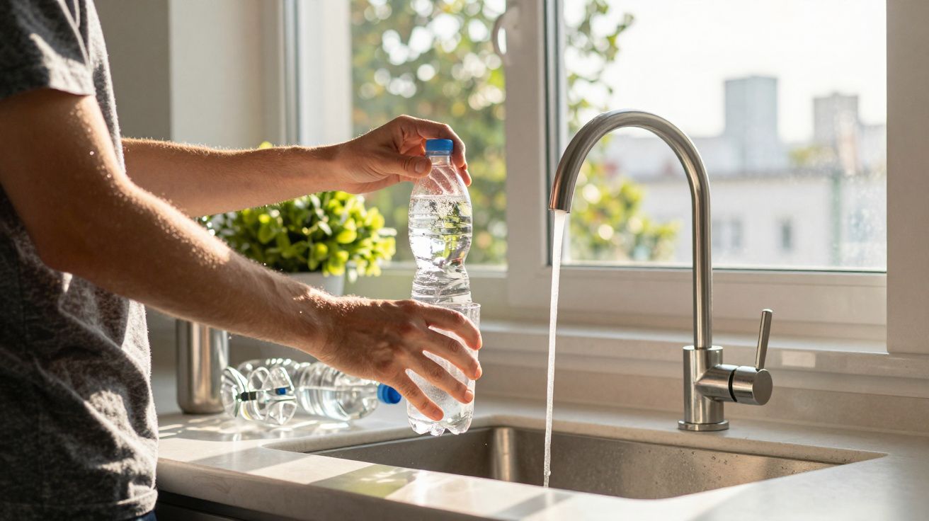 Pessoa a encher garrafa de água na torneira da cozinha com luz natural a entrar pela janela