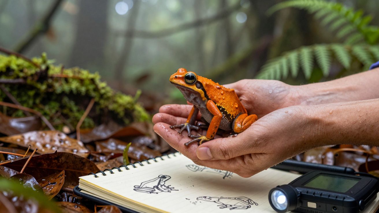 Mãos humanas seguram uma rã laranja sobre um caderno com desenhos da mesma rã na floresta húmida.
