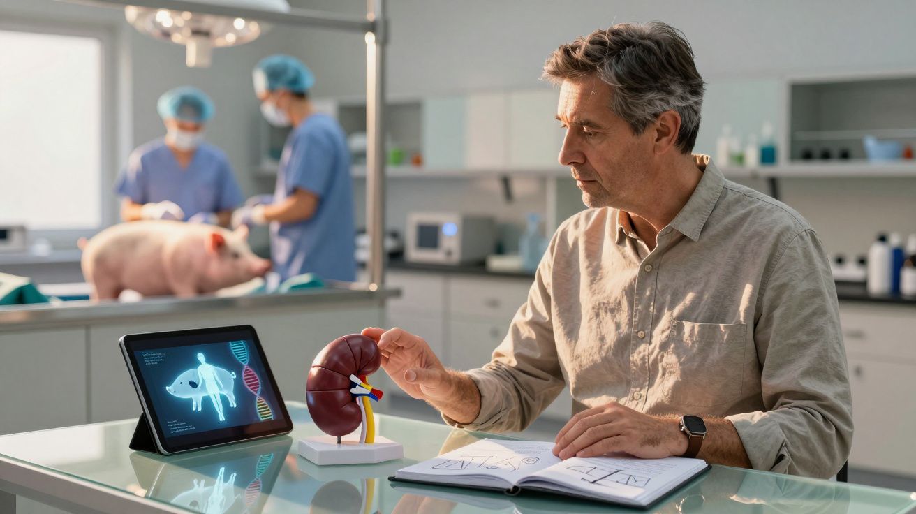 Homem estudando modelo de rim em laboratório com porco e profissionais ao fundo.