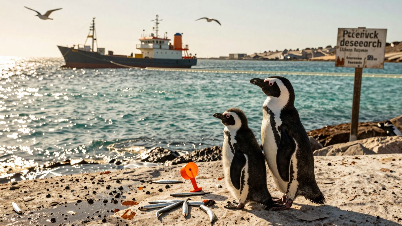 Dois pinguins na praia com peixes, barco ao fundo e gaivotas a voar sobre o mar.