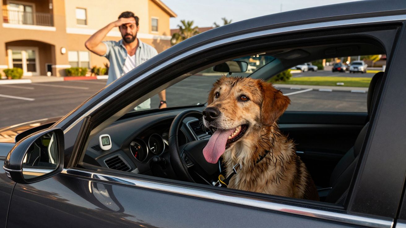Cão molhado sentado no banco do condutor de um carro com homem ao fundo em parque de estacionamento.