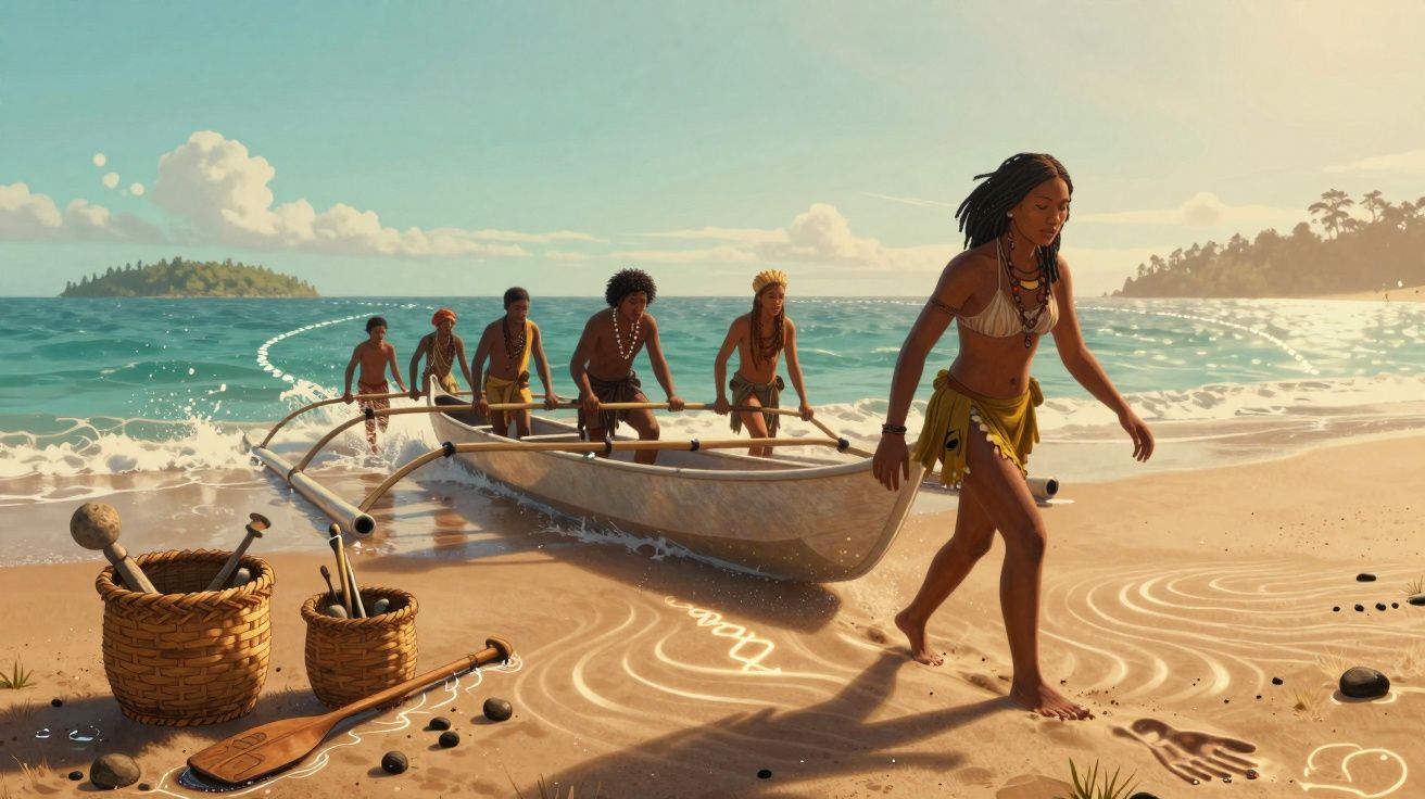 Grupo de pessoas indígenas a chegar à praia numa canoa, com cestos e remos na areia.