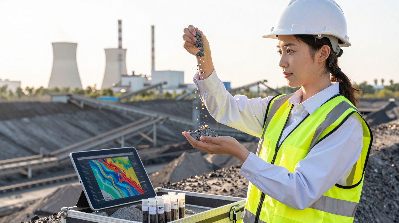 Técnica em colete refletor e capacete analisa amostra de rocha com fábrica industrial ao fundo.