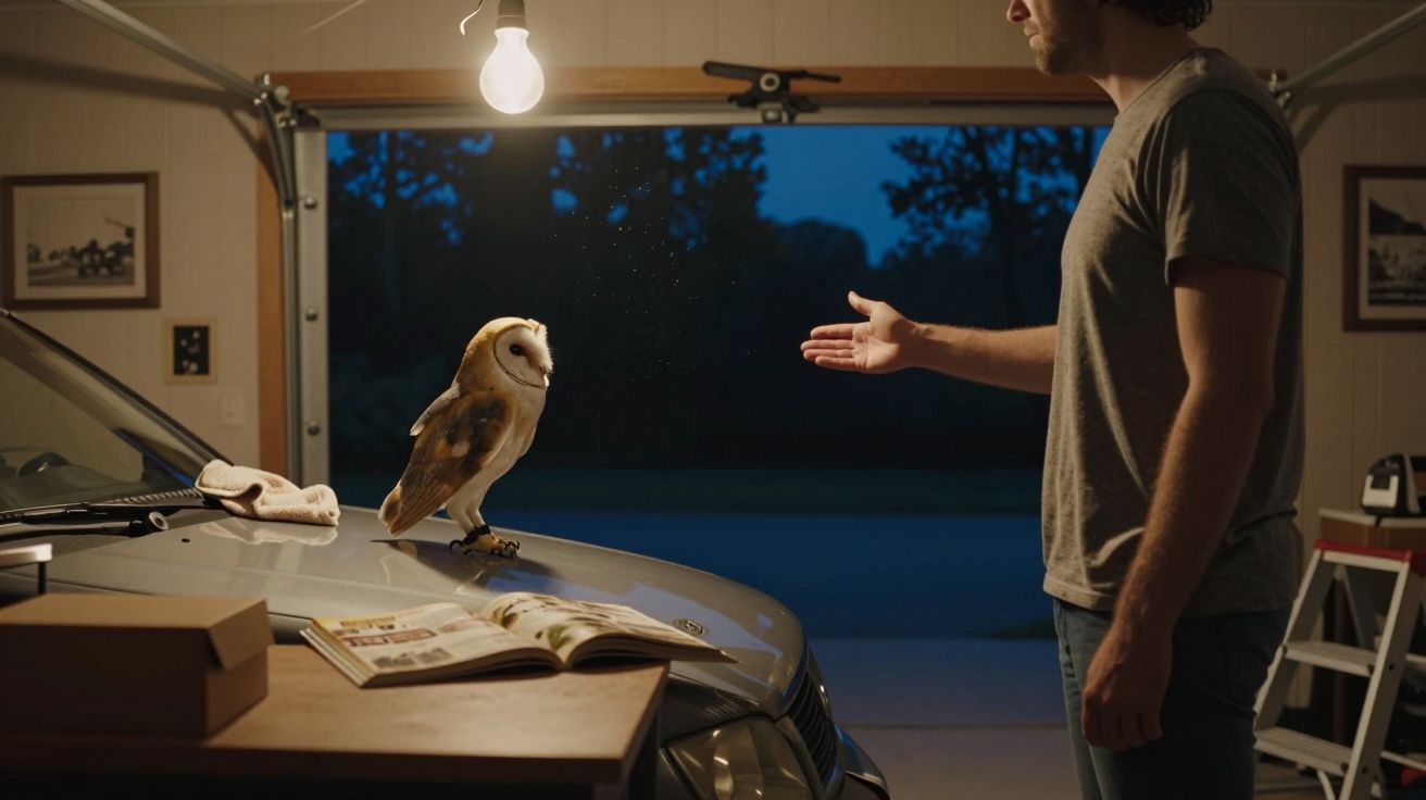 Homem estende a mão para coruja numa garagem ao anoitecer, com carro e revista sobre o capô.