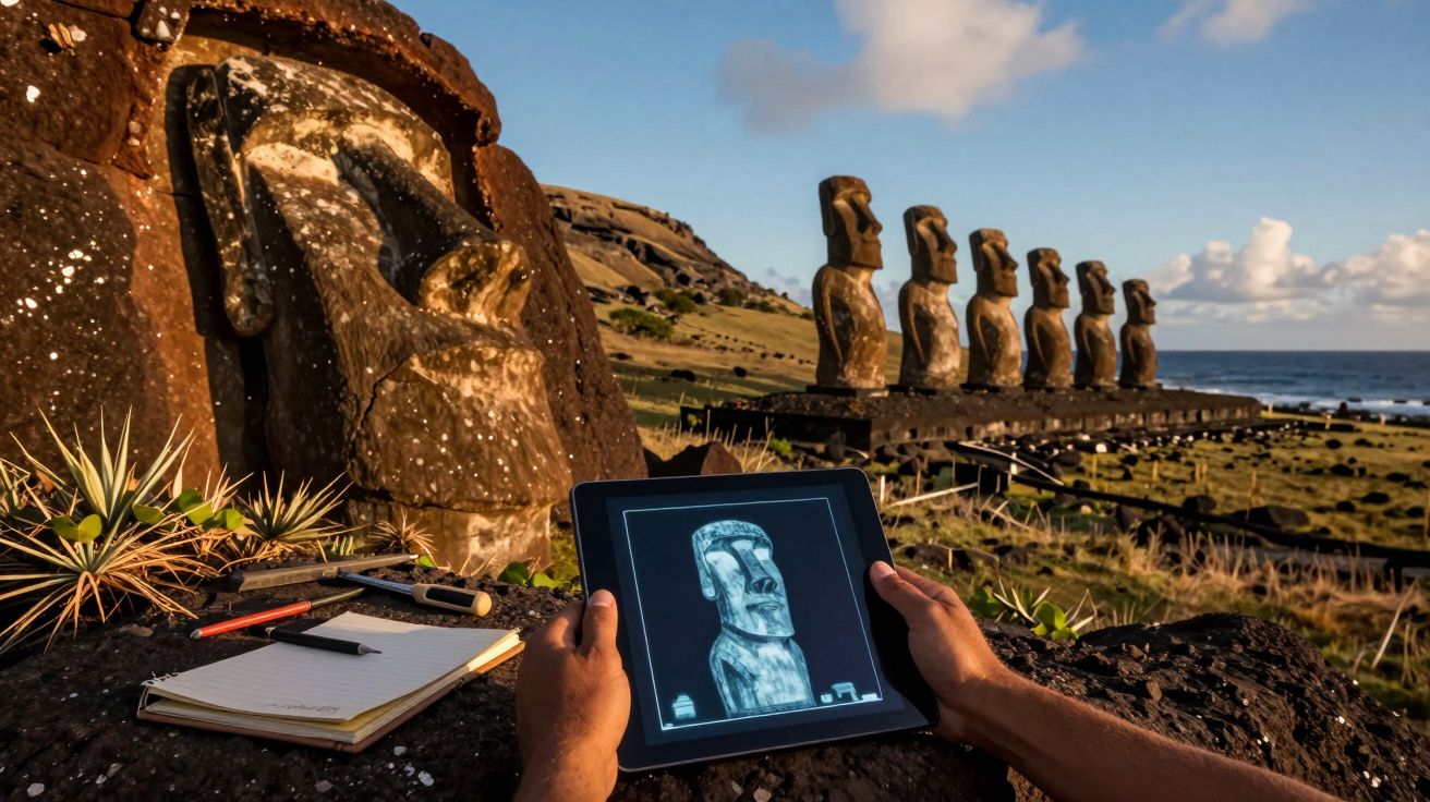 Pessoa segura tablet com desenho de estátua moai na Ilha de Páscoa, com estátuas reais ao fundo ao pôr do sol.
