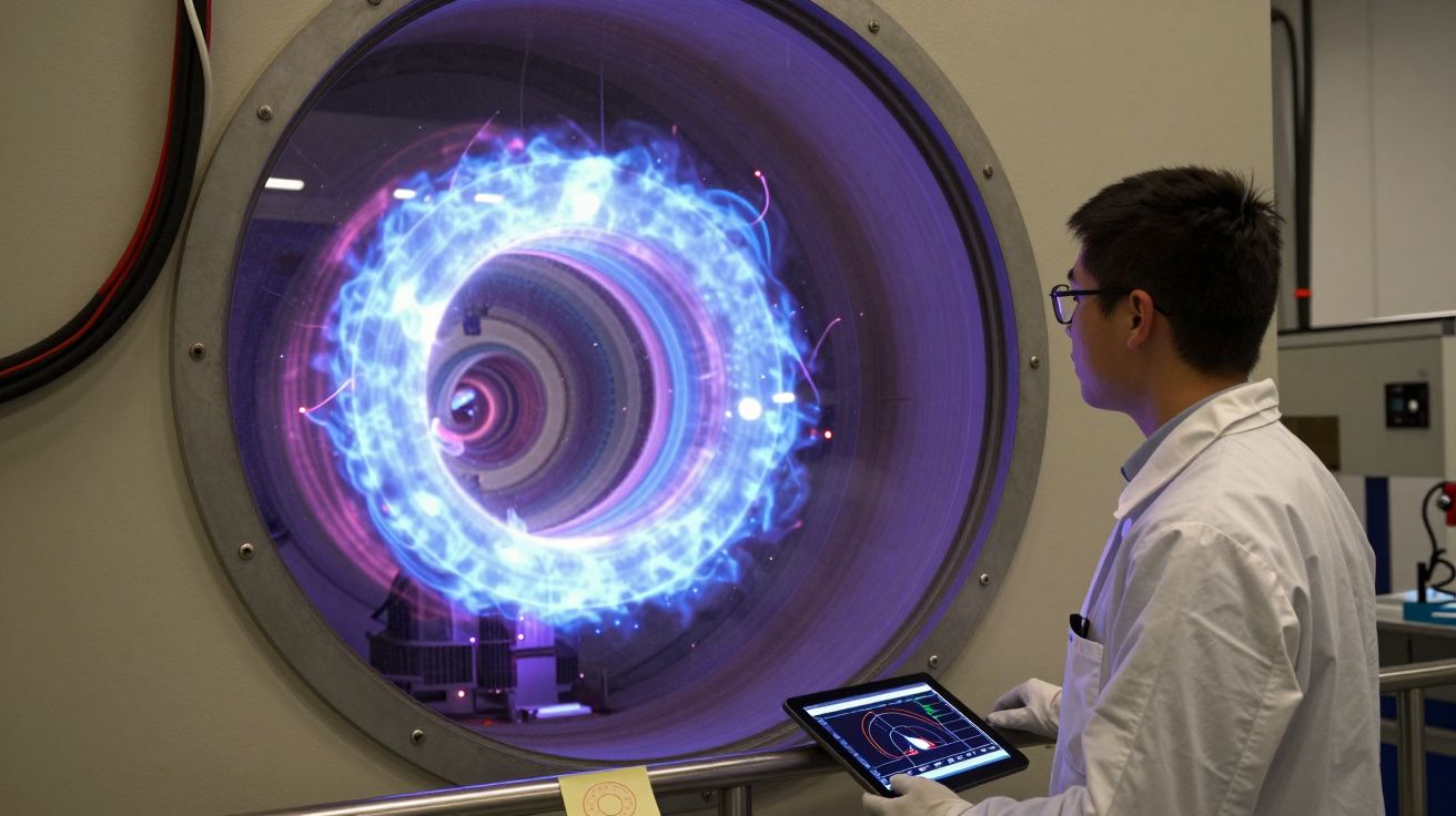 Cientista em laboratório observa anel luminoso azul e roxo dentro de equipamento cilíndrico com tablet na mão.