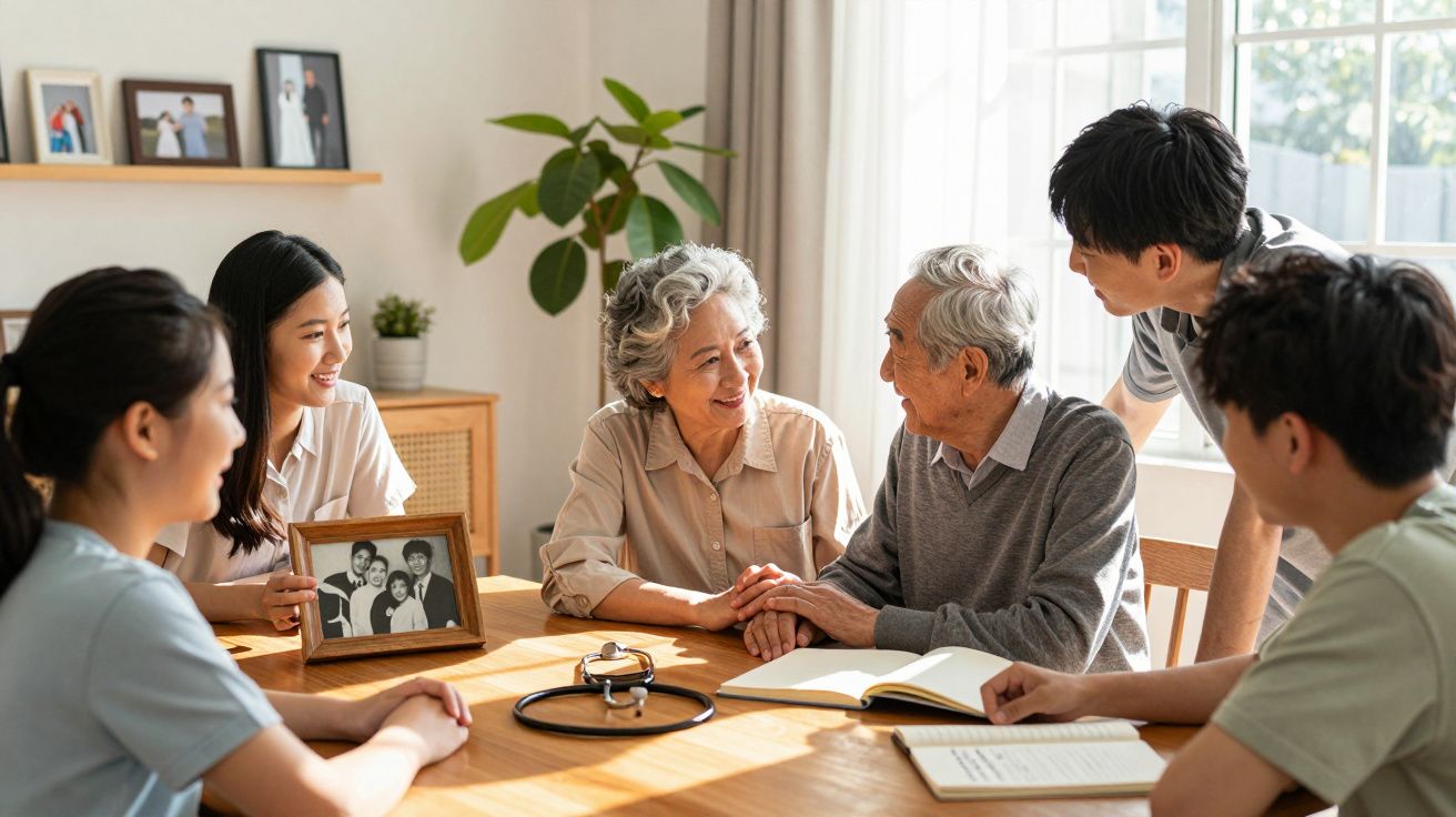 Família multigeracional sorridente sentada à mesa, com idosos a segurarem as mãos num ambiente acolhedor.