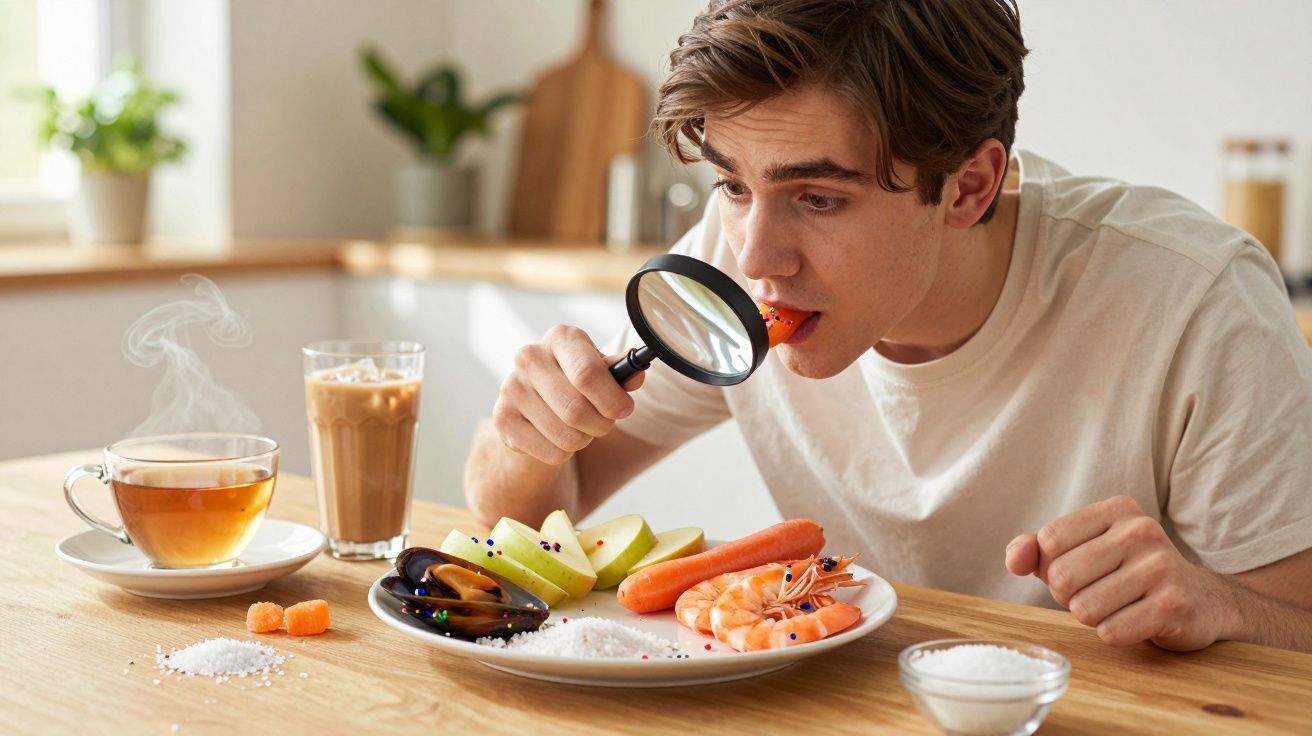 Homem observa uma cenoura com lupa sentado numa mesa com diferentes alimentos e bebidas.