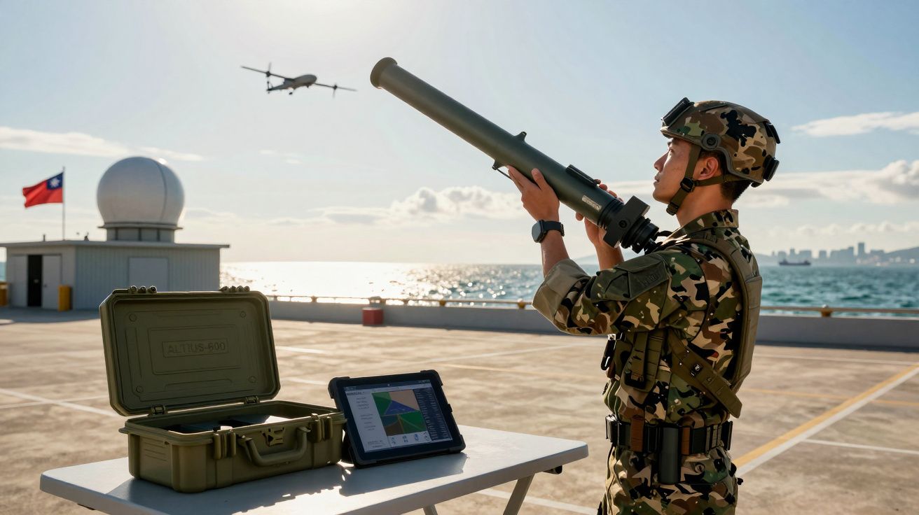 Soldado em uniforme camuflado operativo lança-mísseis apontando para um drone no céu junto ao mar.