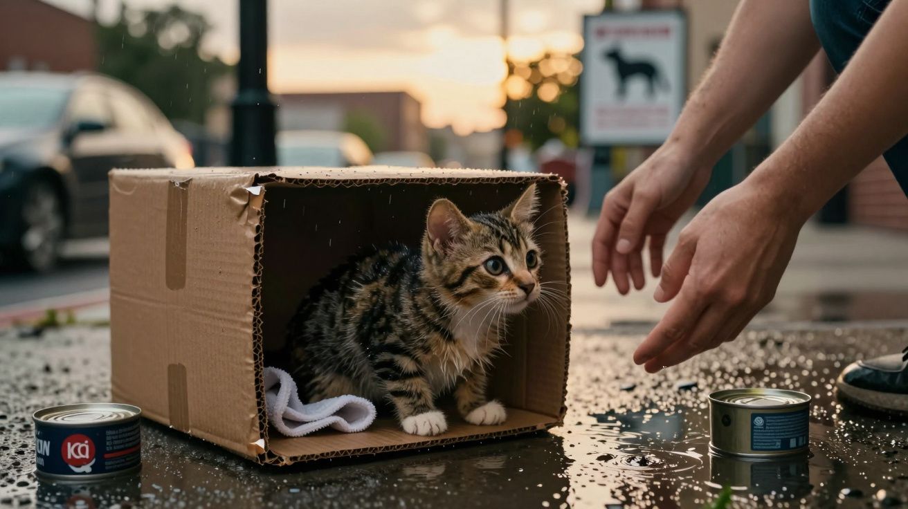 Gato pequeno dentro de uma caixa de cartão na rua, com mãos humanas a tentar agarrar-lhe, em dia chuvoso.