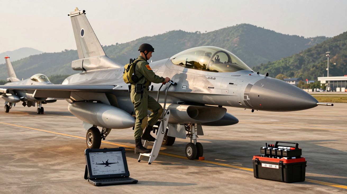 Piloto militar sobe escada para entrar em caça estacionado em pista com montanhas ao fundo.