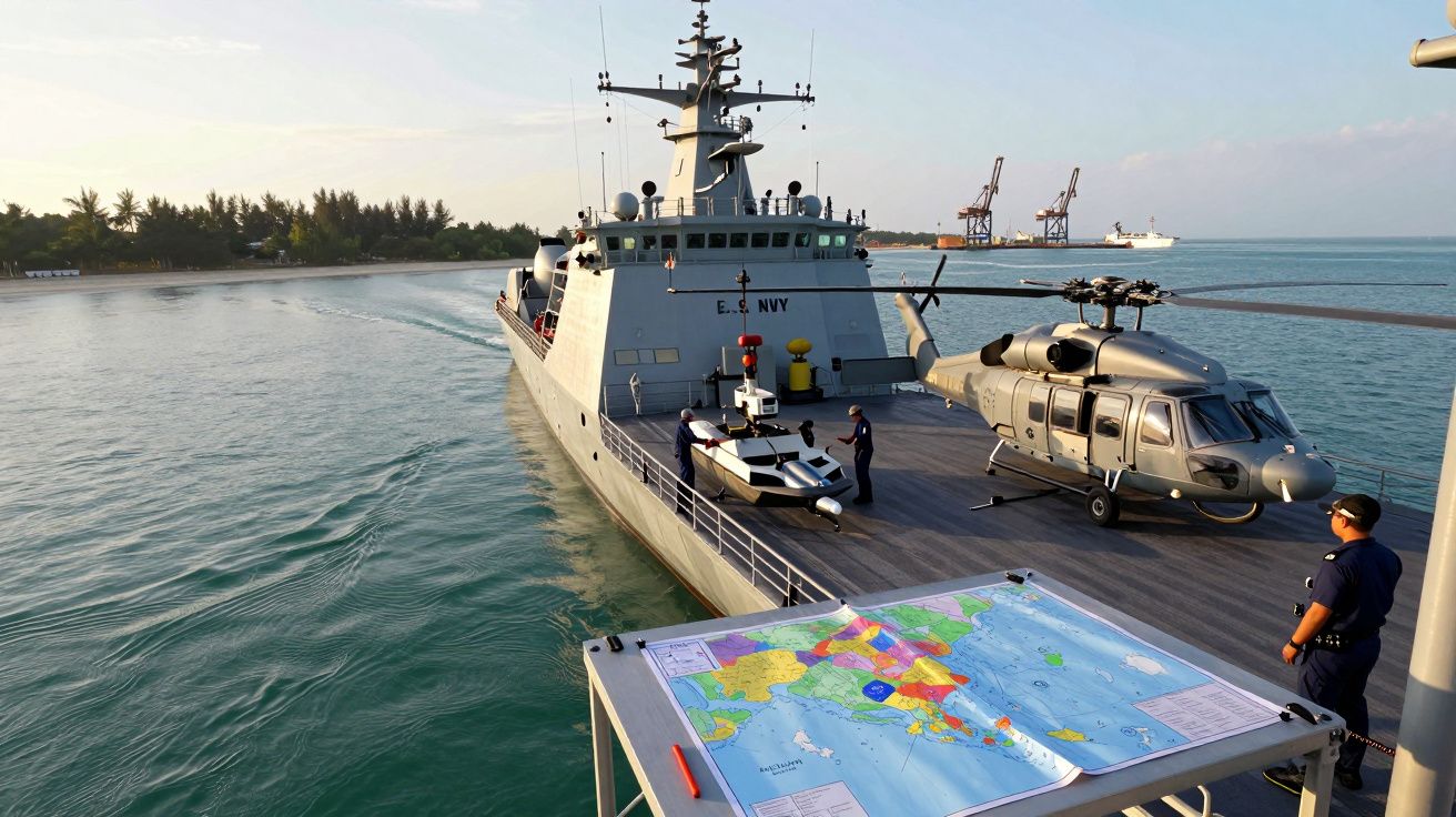 Navio militar em águas calmas com helicóptero, drone e mapa náutico visível no convés.