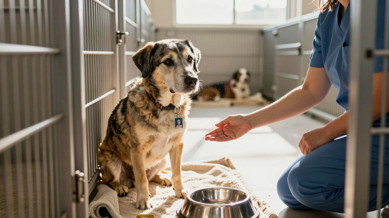 Cão sentado em cama dentro de canil, com pessoa de uniforme azul a tentar acalmá-lo ou dar treino.