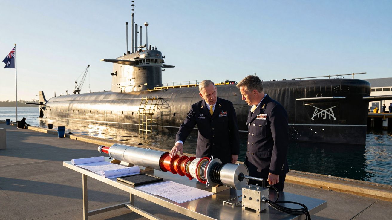 Dois militares em uniforme observam equipamento naval numa mesa, com um submarino atracado ao fundo ao amanhecer.